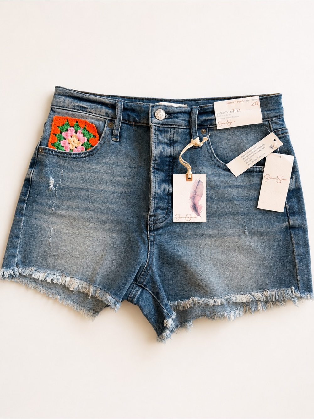 Jessica Simpson NWT Distressed Denim Shorts Size 28 Crochet Pocket